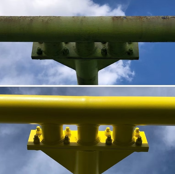Steel beam before and after blasting